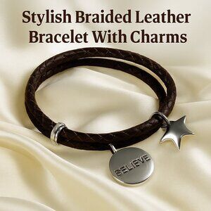 Braided Brown Leather Wrap Bracelet – BELIEVE & Star Charm, Boho Chic Jewelry
